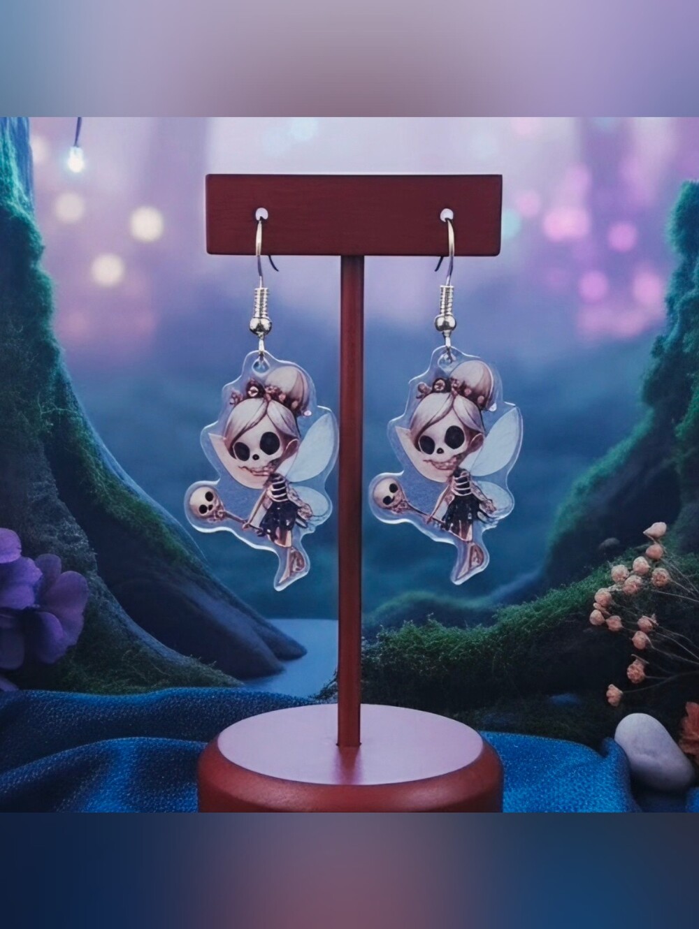 Skeleton Fairy Dangle Earrings in White and Black
